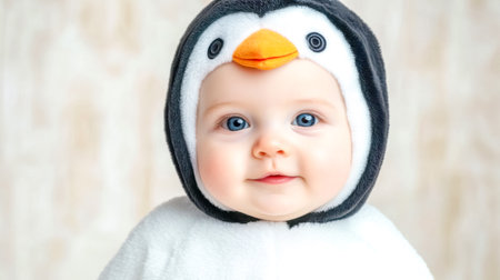 Adorable baby wearing penguin costume smiling and looking forwardの素材