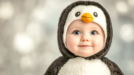 Adorable baby wearing penguin costume smiling on blurred backgroundの素材
