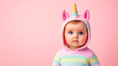 Adorable baby wearing unicorn costume on pink backgroundの素材