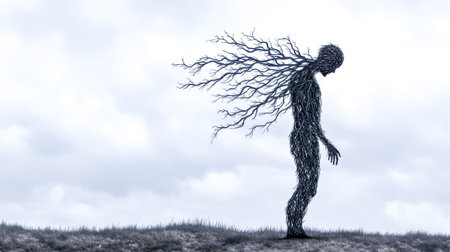 Tree slowly transforming into a human silhouette walking on grass under cloudy skyの素材