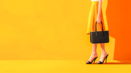 Woman walking with stylish handbag on vibrant yellow backgroundの素材