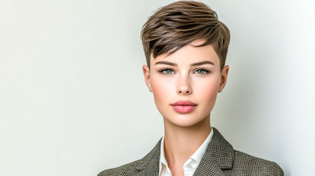 Businesswoman with short hair posing in studio settingの素材
