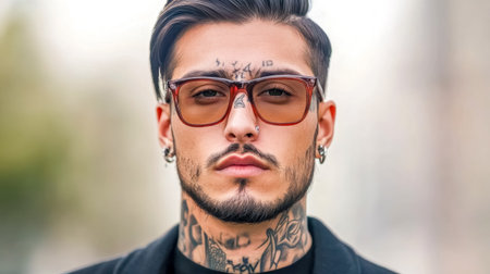 Portrait of tattooed influencer wearing stylish eyeglasses and piercingsの素材