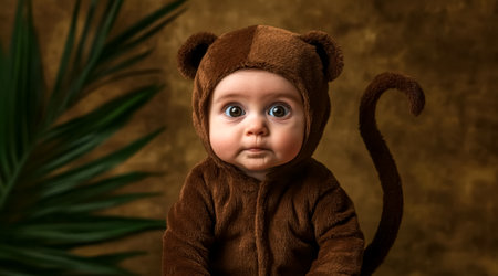 Adorable baby wearing monkey costume posing near tropical plantの素材