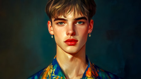 Portrait of a young man wearing makeup and earrings with flowery shirtの素材