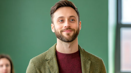 Engaging speaker leading interactive discussion in modern officeの素材