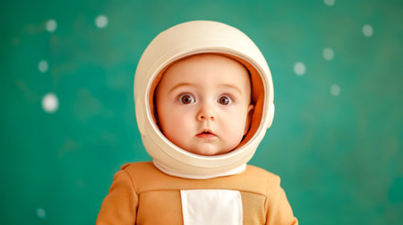 Baby astronaut wearing helmet and spacesuit, exploring space and imaginationの素材