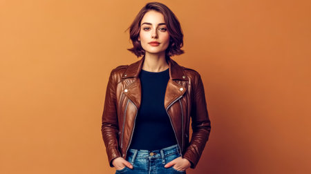 Young stylish woman posing with brown leather jacket and jeansの素材
