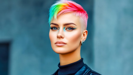 Young woman with colorful punk hairstyle and modern makeup posing outdoorsの素材