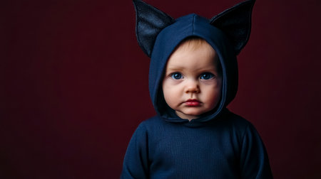 Baby wearing bat costume for halloween party posing on burgundy backgroundの素材