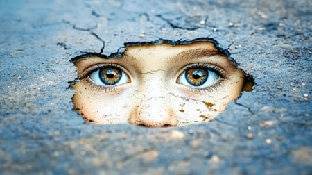 Childs face reflecting in cracked asphalt puddleの素材
