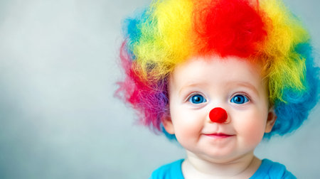 Baby wearing colorful clown wig and red nose smilingの素材