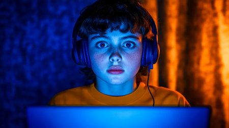Shocked young student wearing headphones using laptop in dark room with dramatic lightingの素材