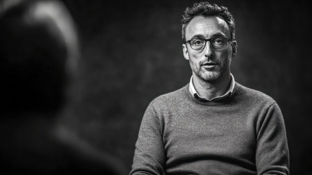 Engaging speaker sharing ideas in interactive discussion, black and white portraitの素材