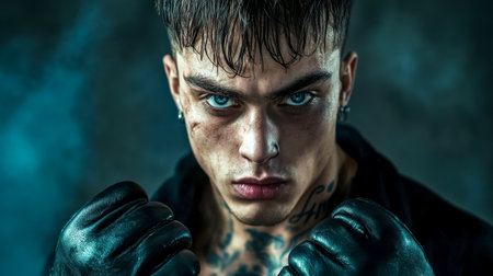 Young man with tattoos and gloves showing fists in aggressive poseの素材