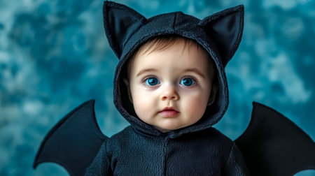 Adorable baby wearing bat costume for halloween partyの素材