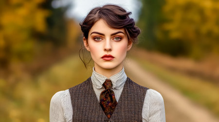 Elegant businesswoman wearing tie and vest in autumnal parkの素材