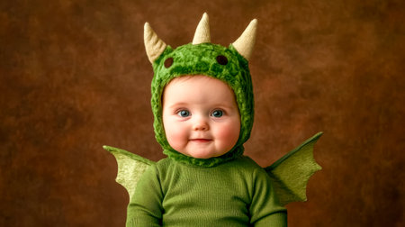 Adorable baby wearing green dragon costume smiling at viewerの素材