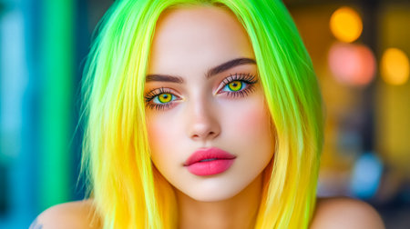Young woman with neon green and yellow hair posing in a cafeの素材