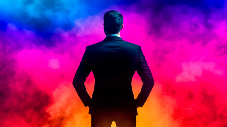 Motivational speaker standing backstage under colorful lights with hands on hipsの素材