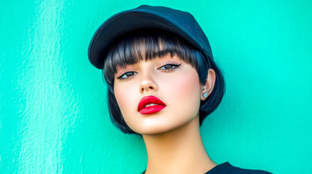 Fashionable girl wearing black cap and red lipstick posing against turquoise backgroundの素材