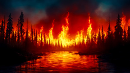 Wildfire burning through forest near river at nightの素材