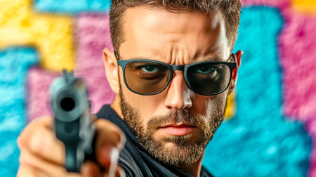 Dangerous gangster wearing sunglasses and holding gun in front of graffiti wallの素材