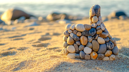 Thumbs up symbol made of pebbles on the beach at sunsetの素材
