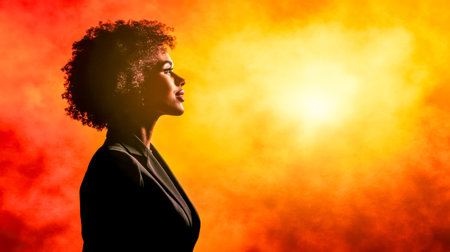 Motivational speaker inspiring with passion under stage lights at evening eventの素材