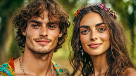 Young couple wearing boho chic clothing at a summer music festivalの素材