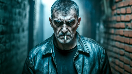Gangster smoking a cigarette in a dark alleyの素材