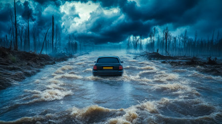 Flash flood covering rural road with car trapped in waterの素材