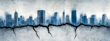 Earthquake causing cracks and shaking buildings in city skylineの素材