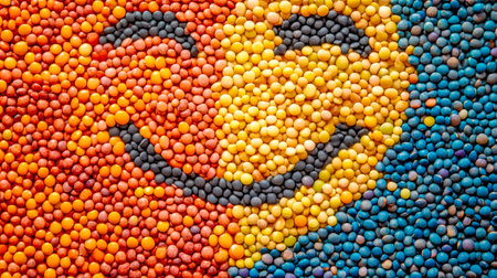 Colorful lentils arranged in a yin yang symbol promoting harmony and balanceの素材