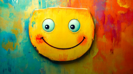 Friendly colorful smiley face expressing happiness on vibrant backgroundの素材