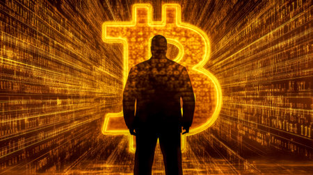Mysterious businessman standing in front of bright bitcoin symbol and binary code rainの素材