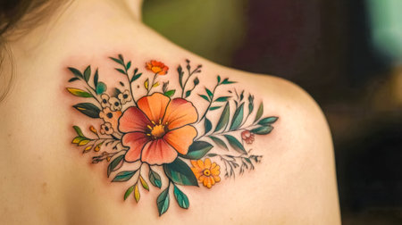Watercolor floral tattoo blooming on womans shoulderの素材
