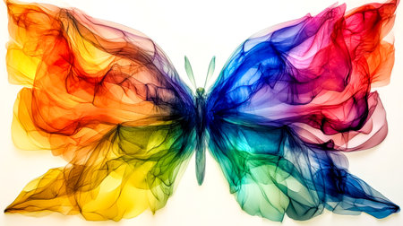 Rainbow butterfly wings showing colorful spectrum on white backgroundの素材