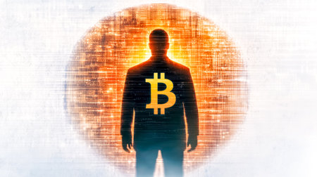 Mysterious silhouette standing in front of bitcoin symbolの素材