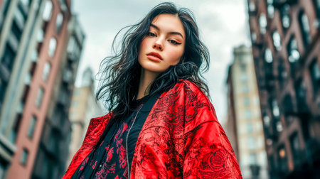 Fashion model posing in oversized red jacket in urban settingの素材