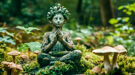Forest spirit statue meditating surrounded by moss and mushrooms in peaceful woodsの素材