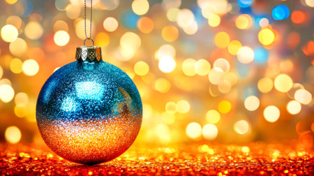 Shiny blue and orange christmas ornament hanging with festive bokeh lightsの素材