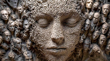 Large face made of countless tiny faces emerging from dark backgroundの素材