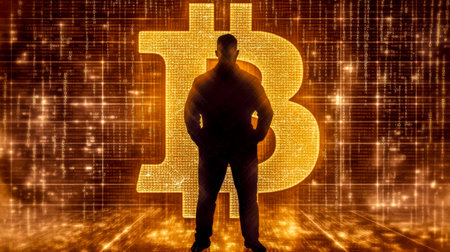 Mysterious businessman standing in front of bitcoin symbol and binary code backgroundの素材