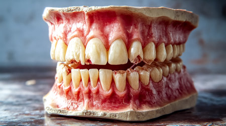 Damaged teeth and gums showing effects of poor oral hygieneの素材