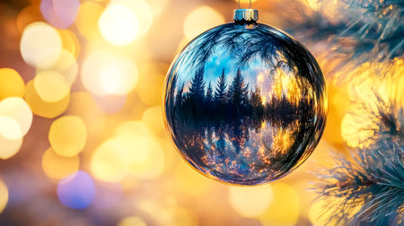 Christmas ornament reflecting winter forest on blurred backgroundの素材