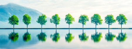 Symmetrical row of trees reflecting in a calm river with misty mountainの素材