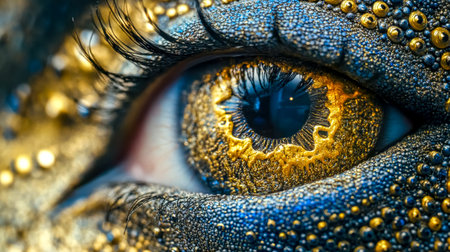 Golden and blue eye makeup creating a reptile skin effectの素材
