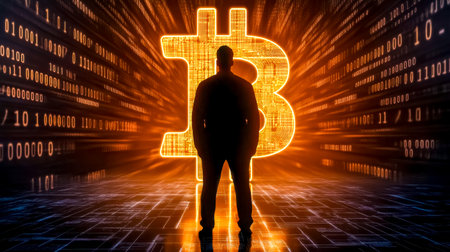 Businessman standing in front of glowing bitcoin symbol and binary code backgroundの素材