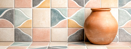 Terracotta vase displayed on retro pastel colored tiled wallの素材